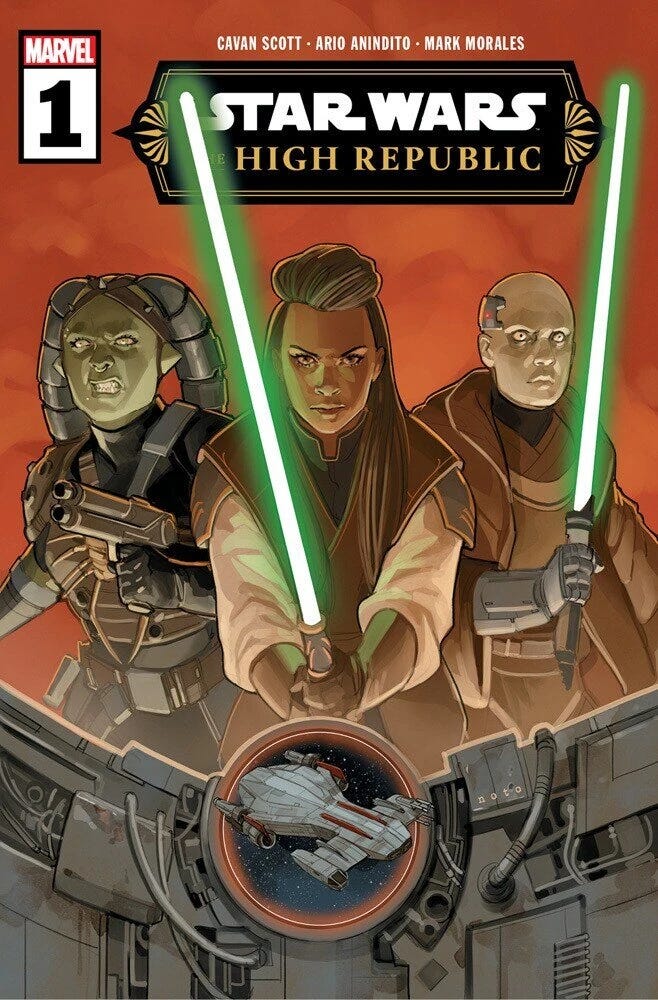 The cover of Marvel's Star Wars: The High Republic issue one featuring Lourna Dee, Keeve Trennis and Terec