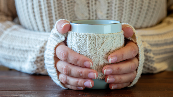 Hands wrapped around a warm coffee cup, paused in quiet light.