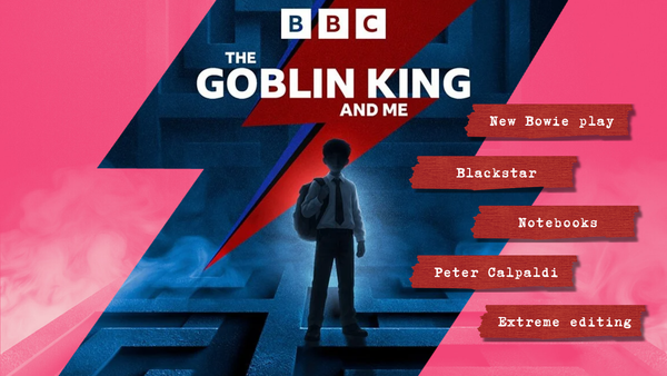 Promo graphic for The Goblin King and Me: silhouetted schoolboy in a blue maze under a red-blue lightning bolt; pink background with labels: Bowie, Blackstar, Capaldi, editing.